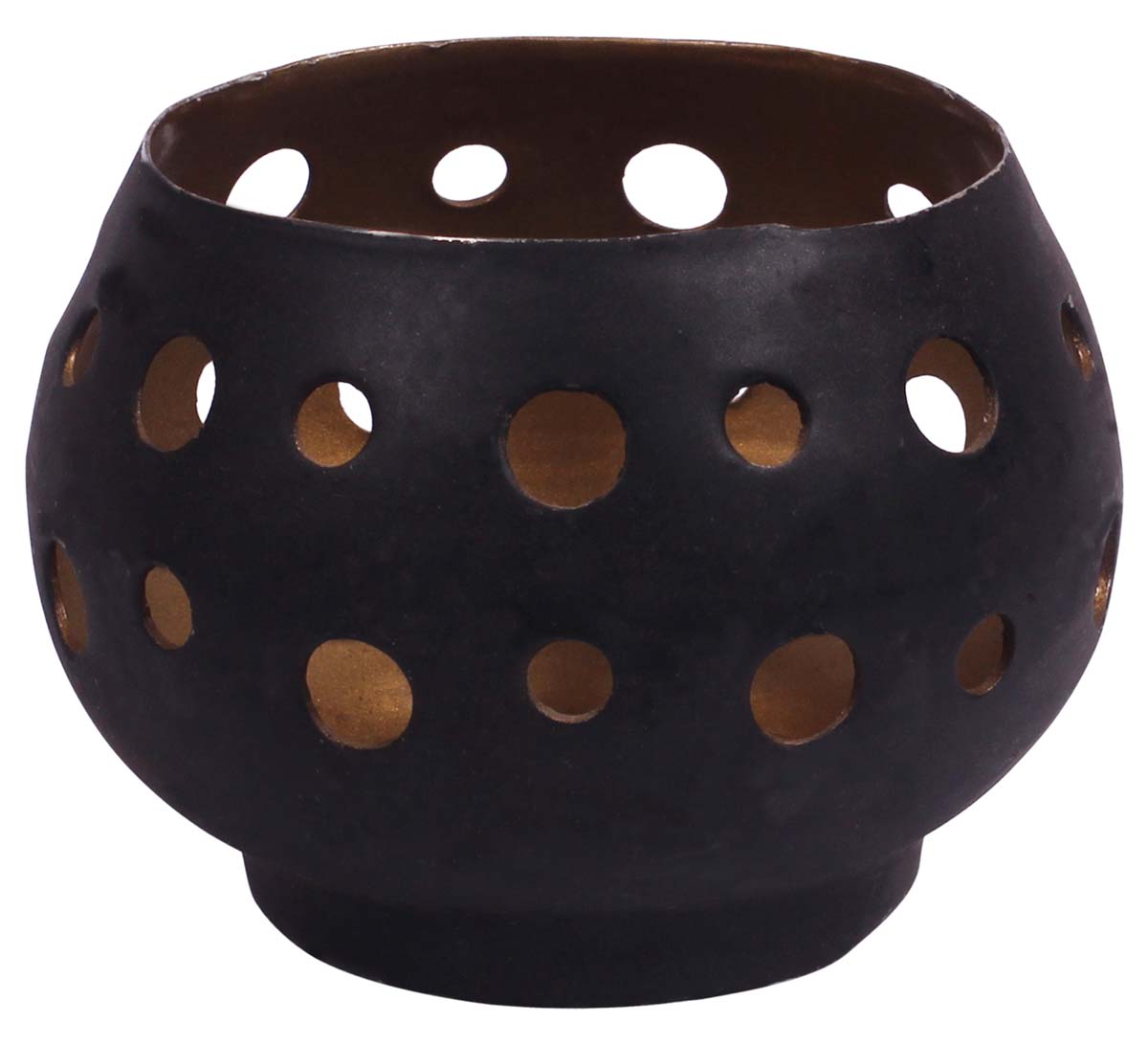 Round-Shaped Tea-Light Candle Holder - Cast in Iron - Black Exteriors & Copper Finish Interiors - Circle-Shaped Cut-Outs - Metal Votive Candle Stands - Party Decorations - Gifts from India - Buy in Bulk Wholesale
